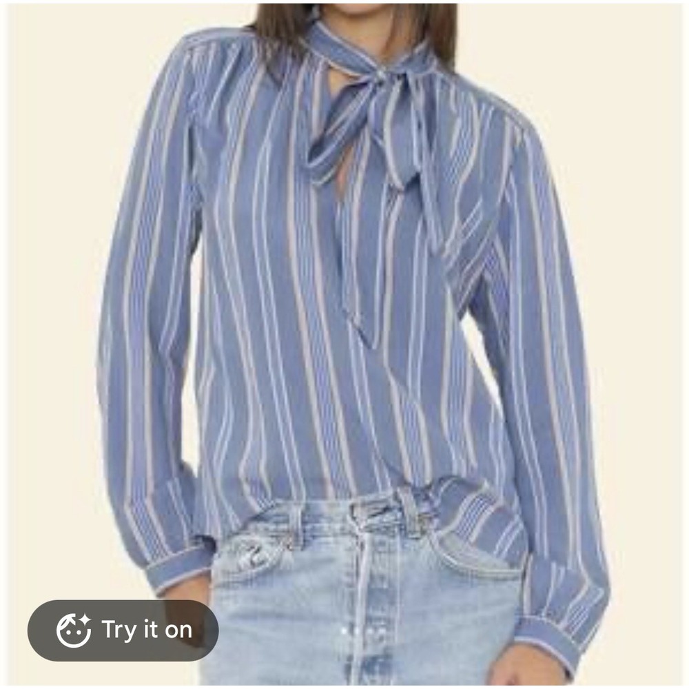 Xirena Shirt Womens Medium Blue Striped Tie Neck Button Front Long Sleeve Top